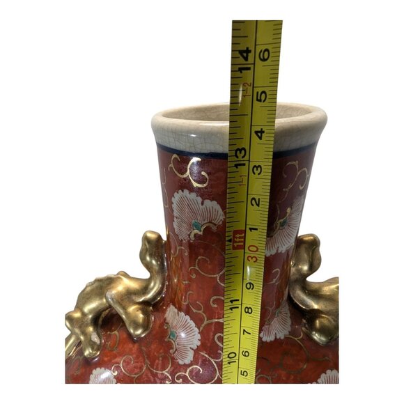 Vintage Chinese Moon Flask Vase With Gilt Dragon Handles & Floral Motif - Picture 10 of 12